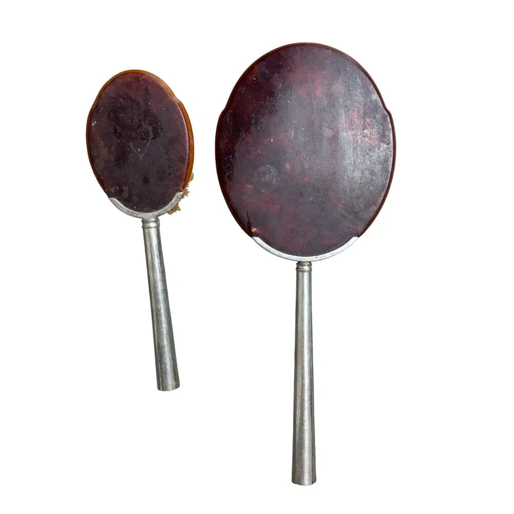 Vintage Brown Celluloid Hand Mirror and Hair Brush Vanity Set Silver Handle